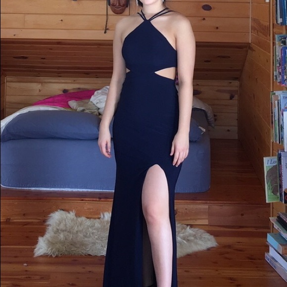 Blondie Nites Dresses & Skirts - Dark Blue Long Prom Dress with Leg Slit
